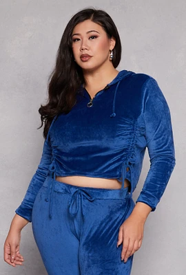 Womens Plus Size Velour Ruched Half Zip Hoodie, Blue, Size 1X