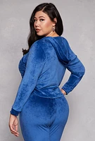 Womens Plus Size Velour Ruched Half Zip Hoodie, Blue, Size 1X