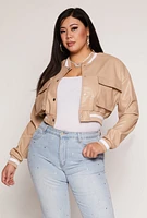 Womens Plus Size Faux Leather Cargo Cropped Bomber Jacket, Beige, Size 2X