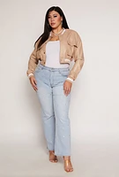 Womens Plus Size Faux Leather Cargo Cropped Bomber Jacket, Beige, Size 2X