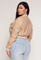 Womens Plus Size Faux Leather Cargo Cropped Bomber Jacket, Beige, Size 2X