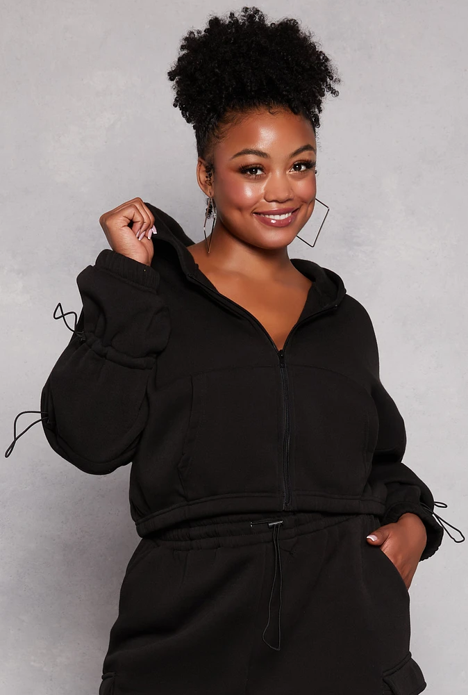 Womens Plus Size Toggle Drawstring Zip Front Hoodie, Black, Size 1X