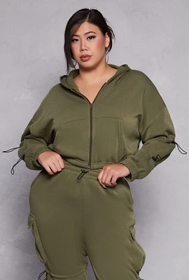 Womens Plus Size Toggle Drawstring Cropped Hoodie, Green, Size 1X