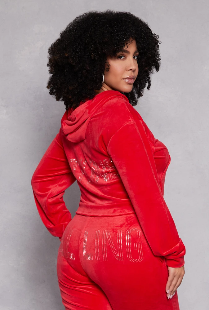 Womens Plus Size Hotline Rhinestone Velour Hoodie, Red, Size 1X
