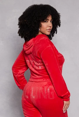 Womens Plus Size Hotline Rhinestone Velour Hoodie, Red, Size 1X
