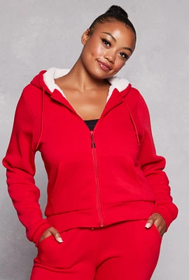 Womens Plus Size Sherpa Lined Zip Front Hoodie, Red, Size 1X