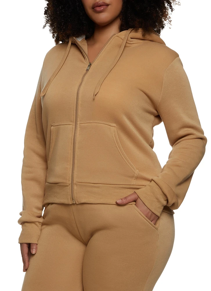 Womens Plus Size Sherpa Lined Zip Front Hoodie, Beige, Size 1X