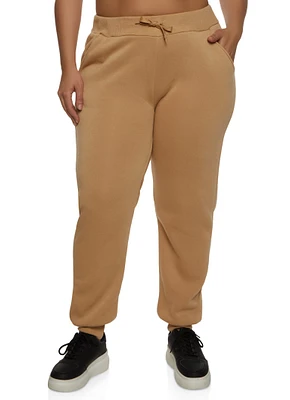 Womens Plus Size Fleece High Waist Drawstring Joggers, Khaki, Size 3X
