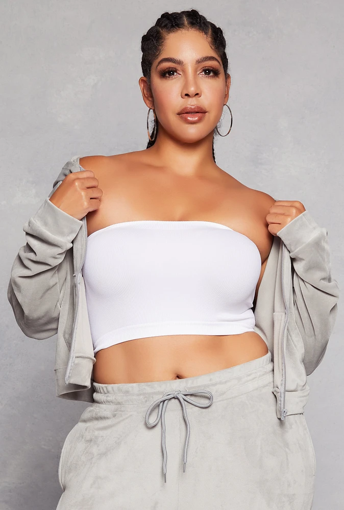 Womens Plus Size Velour Zip Front Cropped Hoodie, Grey, Size 2X