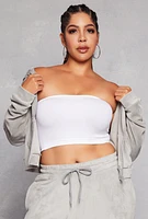 Womens Plus Size Velour Zip Front Cropped Hoodie, Grey, Size 2X