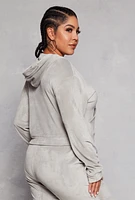 Womens Plus Size Velour Zip Front Cropped Hoodie, Grey, Size 2X