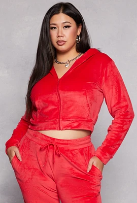 Womens Plus Size Velour Zip Front Cropped Hoodie, Red, Size 2X