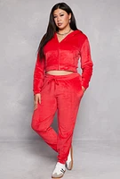 Womens Plus Size Velour Zip Front Cropped Hoodie, Red, Size 2X