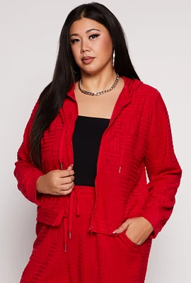 Womens Plus Size Chenille Patterned Zip Front Hoodie, Red, Size 1X