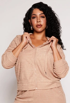 Womens Plus Size Chenille Patterned Zip Front Hoodie, Beige, Size 1X
