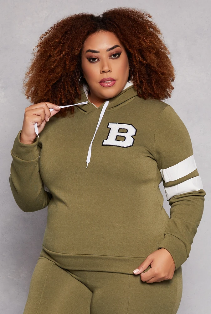 Womens Plus B Initial Chenille Patch Pullover Hoodie, Green,