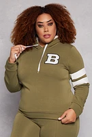 Womens Plus B Initial Chenille Patch Pullover Hoodie, Green,