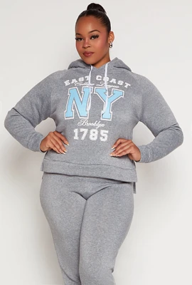 Womens Plus Size East Coast NY Graphic Pullover Hoodie, Grey, Size 1X