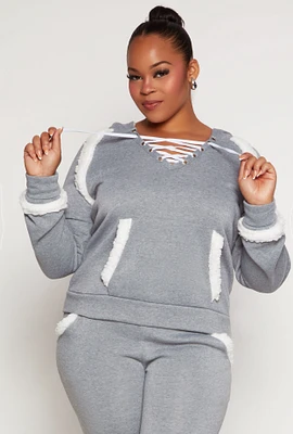 Womens Plus Size Sherpa Contrast Trim Hoodie, Grey, Size 3X