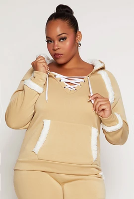 Womens Plus Sherpa Contrast Trim Hoodie,