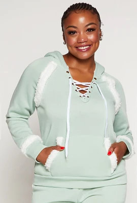 Womens Plus Size Sherpa Contrast Trim Hoodie, Green, Size 2X