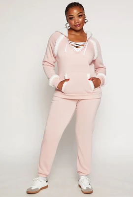 Womens Plus Size Sherpa Trim Detail Sweatpants, Pink, Size 2X