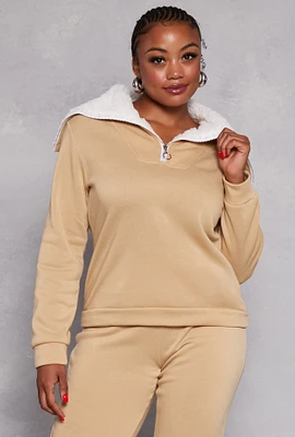 Womens Plus Sherpa Collar Quarter Zip Sweatshirt,