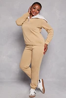 Womens Plus Size Sherpa Collar Quarter Zip Sweatshirt, Beige, Size 1X
