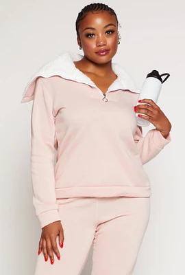 Womens Plus Size Sherpa Collar Quarter Zip Sweatshirt, Pink, Size 2X