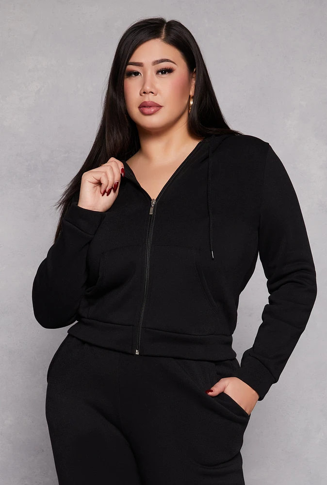 Womens Plus Size Fleece Lined Zip Front Hoodie, Black, Size 1X