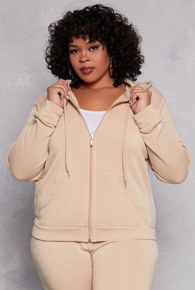 Womens Plus Fleece Lined Zip Front Hoodie, Beige,