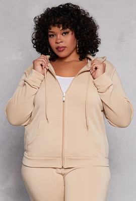 Womens Plus Fleece Lined Zip Front Hoodie, Beige,