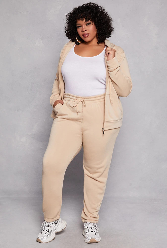 Womens Plus Size Fleece Drawstring High Waist Sweatpants, Khaki, Size 2X