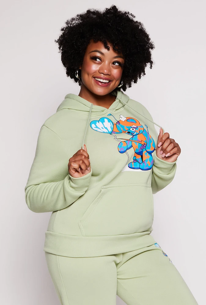 Womens Plus Size Bear Graphic Pullover Hoodie, Green, Size 2X