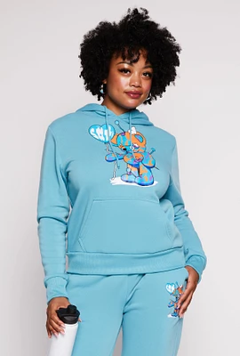 Womens Plus Size Bear Graphic Pullover Hoodie, Blue, Size 1X