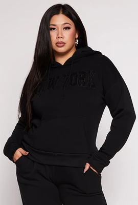 Womens Plus Size New York Chenille Graphic Pullover Hoodie, Black, Size 1X