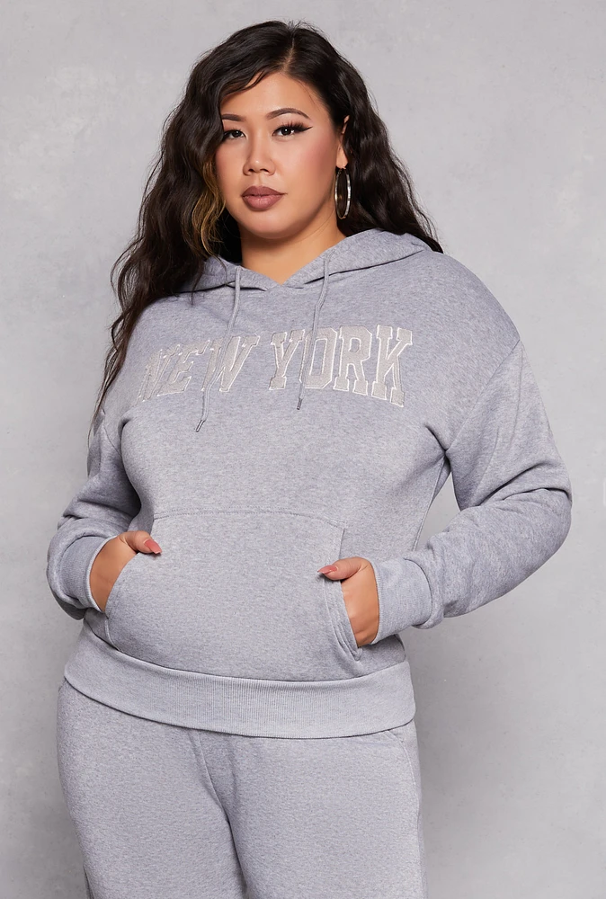 Womens Plus Size New York Chenille Graphic Pullover Hoodie, Grey, Size 1X