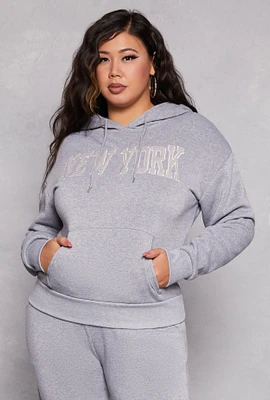 Womens Plus Size New York Chenille Graphic Pullover Hoodie, Grey, Size 1X