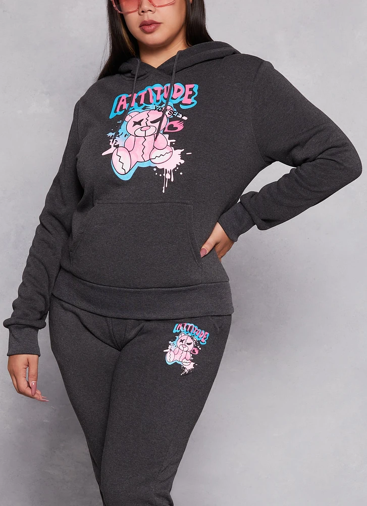 Womens Plus Size Attitude Bear Graphic Pullover Hoodie, Grey, Size 2X