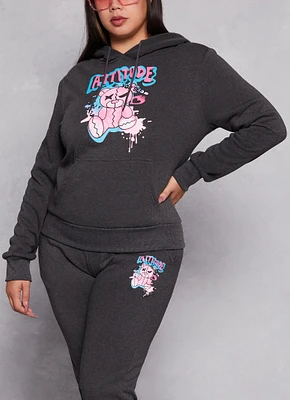 Womens Plus Size Attitude Bear Graphic Pullover Hoodie, Grey, Size 2X