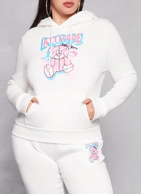 Womens Plus Size Attitude Bear Graphic Pullover Hoodie, White, Size 1X