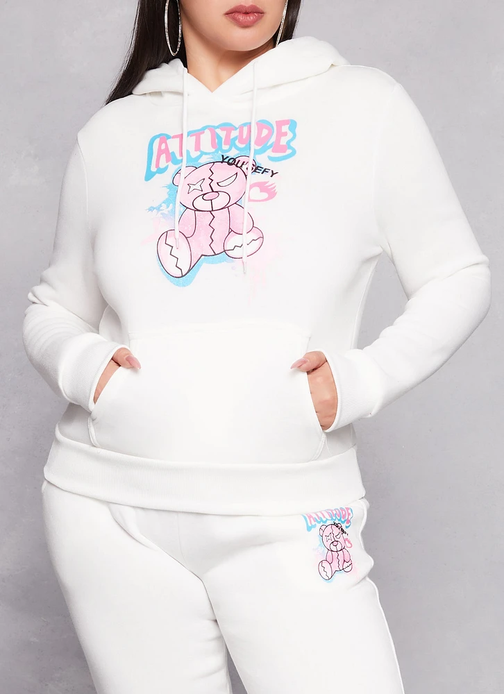 Womens Plus Size Attitude Bear Graphic Pullover Hoodie, White, Size 1X