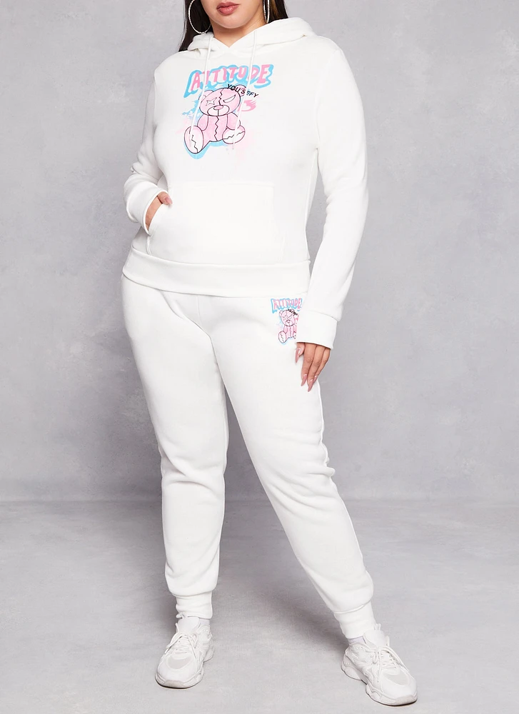 Womens Plus Size Attitude Bear Graphic Joggers, White, Size 2X