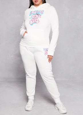 Womens Plus Size Attitude Bear Graphic Joggers, White, Size 2X