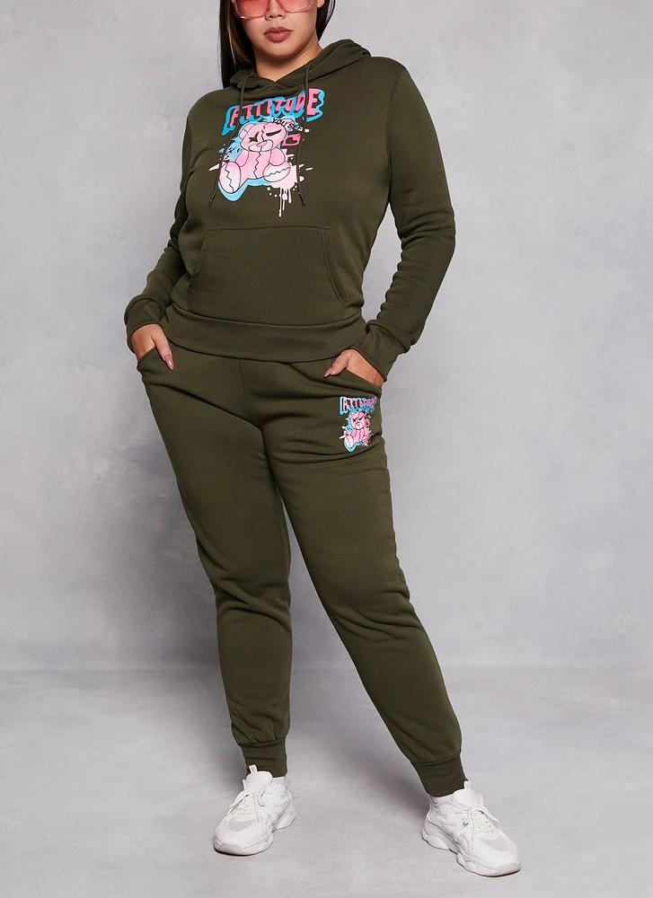 Womens Plus Size Attitude Bear Graphic Joggers, Green, Size 2X