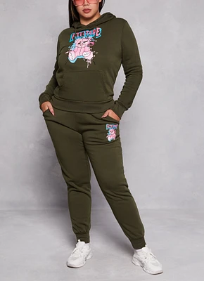 Womens Plus Size Attitude Bear Graphic Joggers, Green, Size 2X