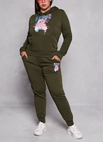 Womens Plus Size Attitude Bear Graphic Joggers, Green, Size 2X
