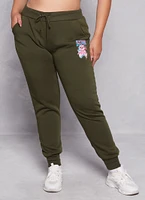 Womens Plus Size Attitude Bear Graphic Joggers, Green, Size 2X