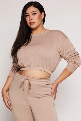 Womens Plus Fleece Cropped Sweatshirt, Beige,