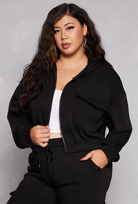 Womens Plus Size Fleece Cargo Pocket Zip Front Hoodie, Black, Size 2X